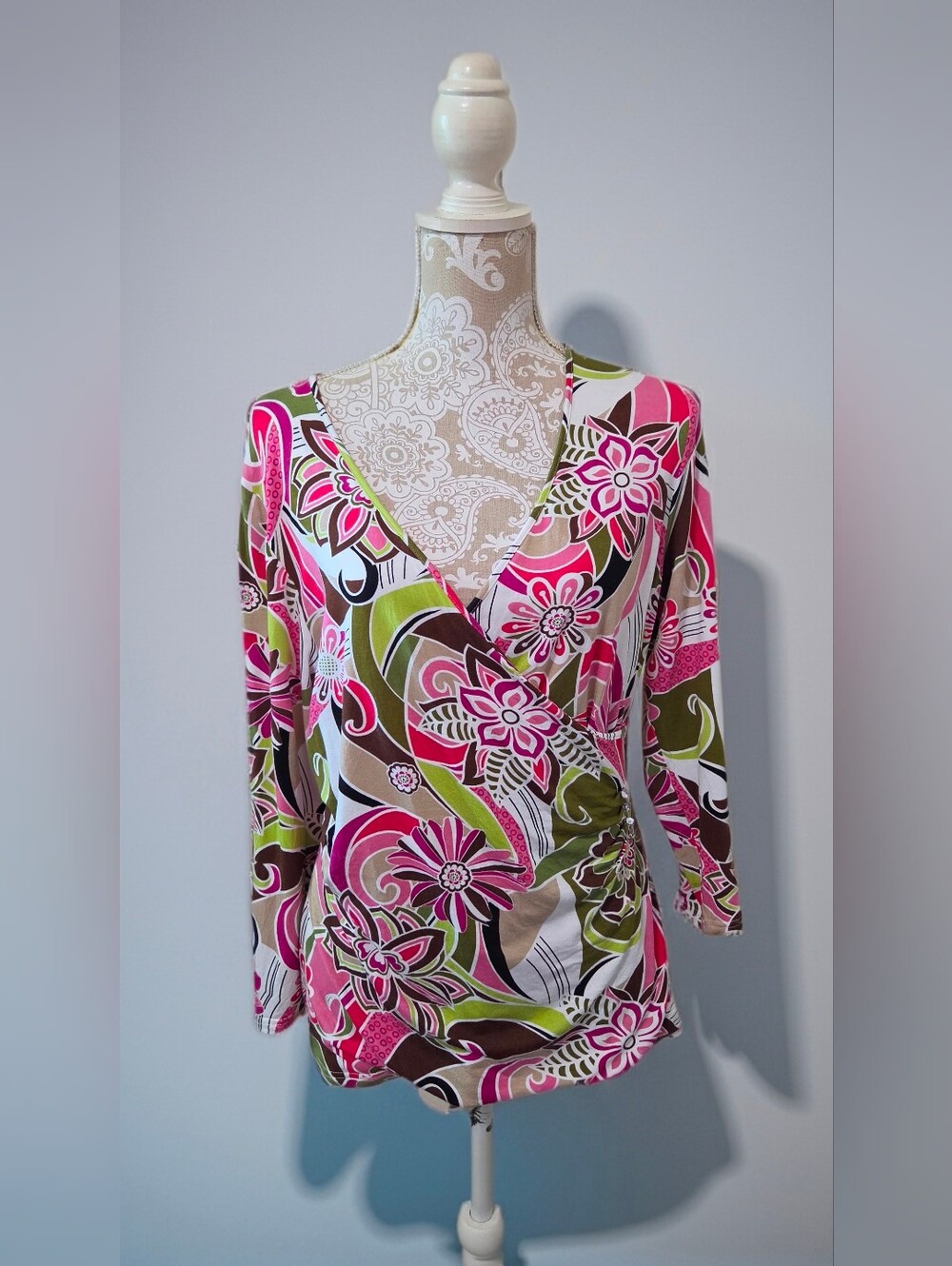 V Cristina Faux Wrap Retro Deep V Colorful Blouse Size L